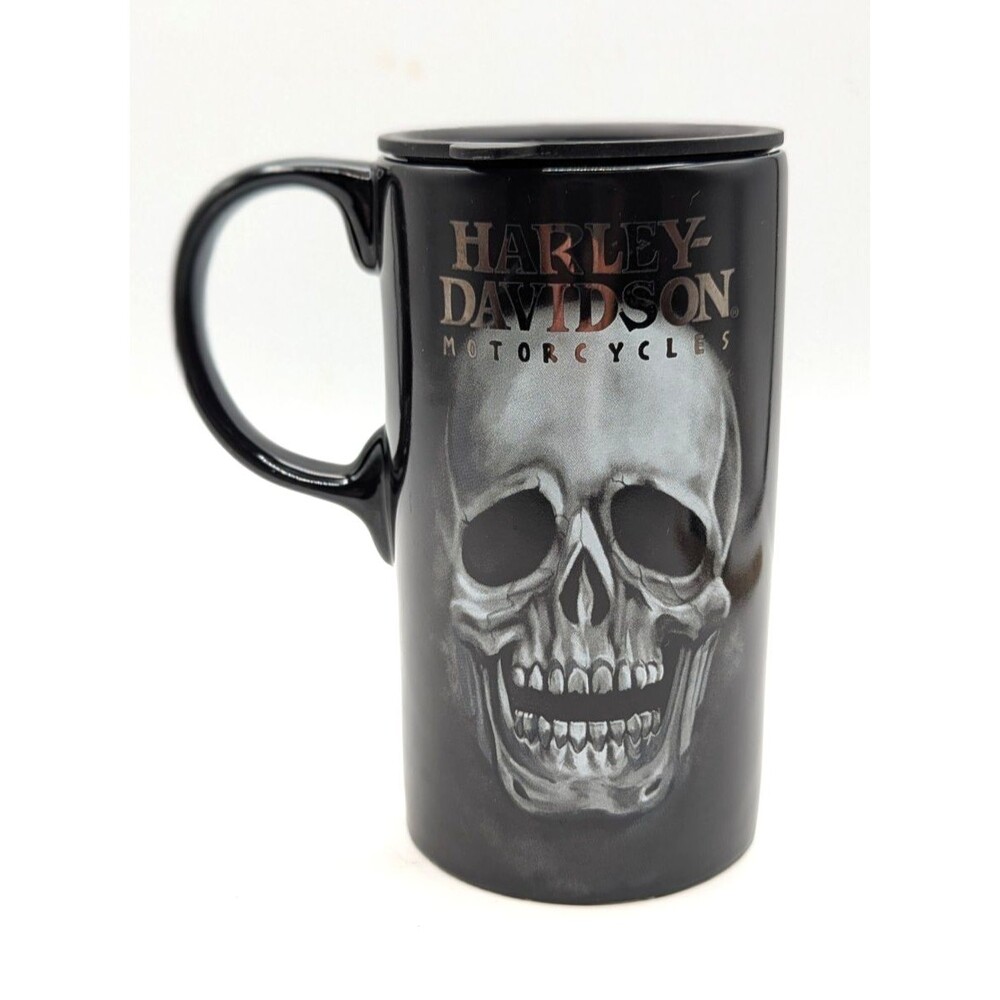 2015 HARLEY-DAVIDSON Skull  Ceramic Tall Black Coffee Mug W/ Lid Harley 20 Oz
